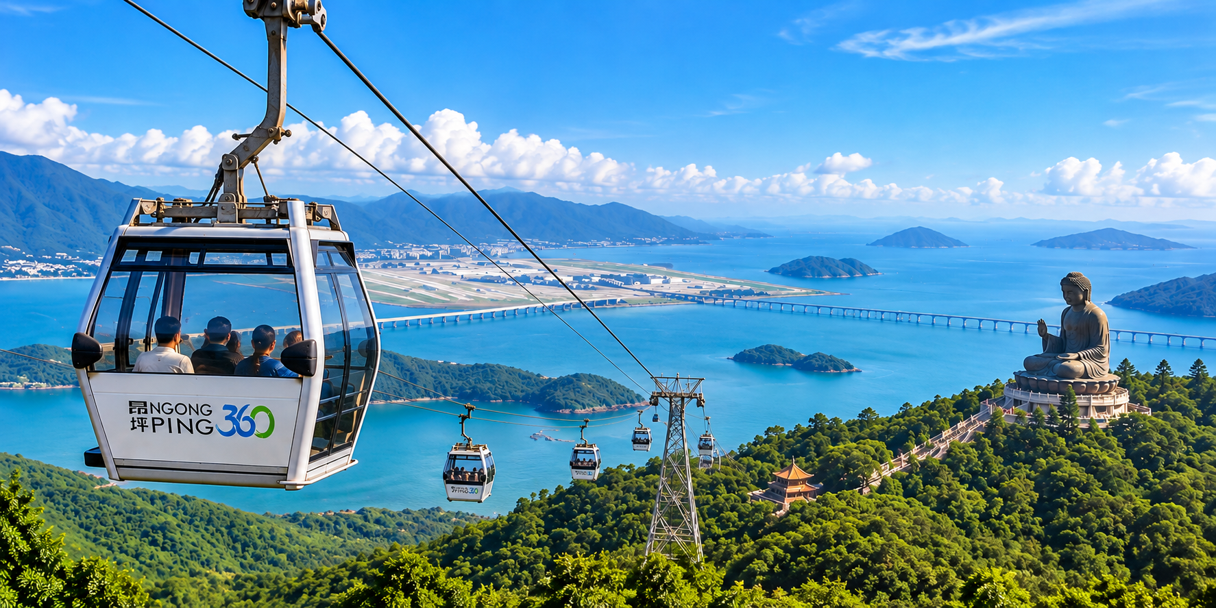 Ngong Ping 360 cable car overlooking Lantau Island in Hong Kong
