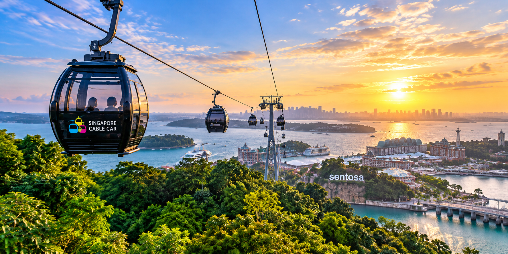 Singapore Cable Car above Mount Faber and Sentosa at sunset